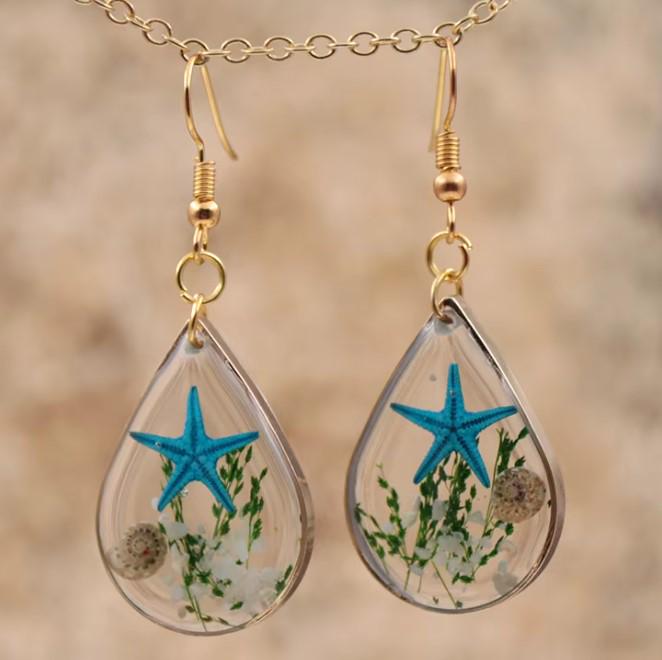 Resin Starfish Earrings | Ocean Inspired Teardrop Jewelry | Handmade Coastal Earrings | Beach Resin Jewelry