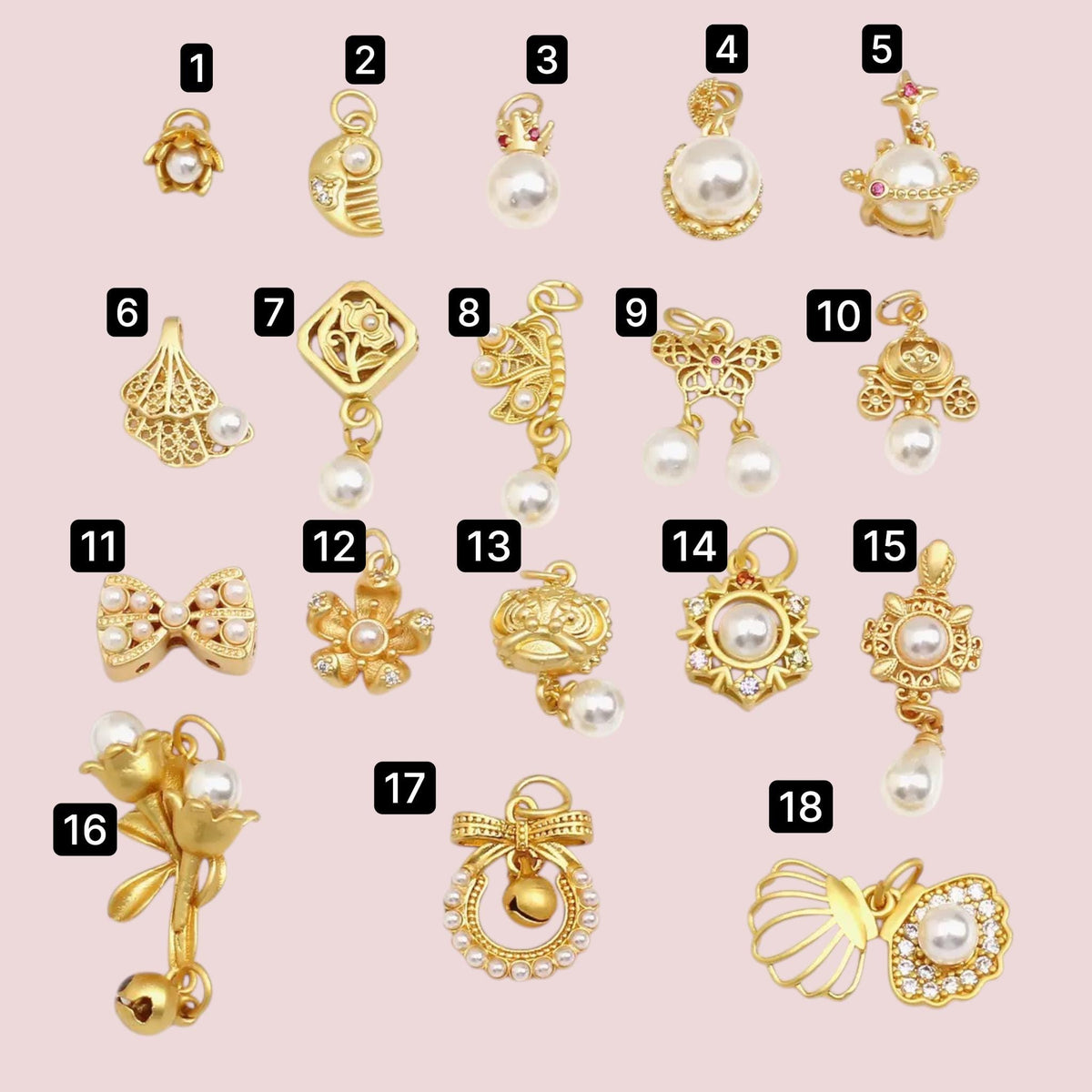 18K Gold Pearl Charms Set | Vintage Bow Crown Butterfly Floral Jewelry Charms
