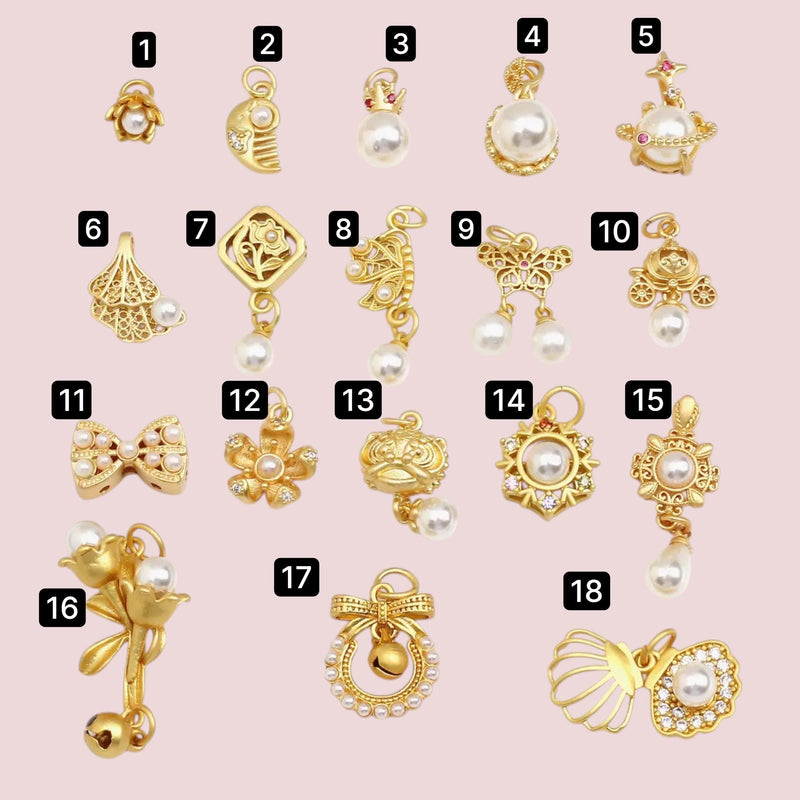 18K Gold Pearl Charms Set | Vintage Bow Crown Butterfly Floral Jewelry Charms