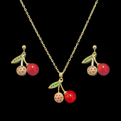 Gold Plated Cherry Necklace & Earrings Set, Red Cherry Jewelry, Stainless Steel