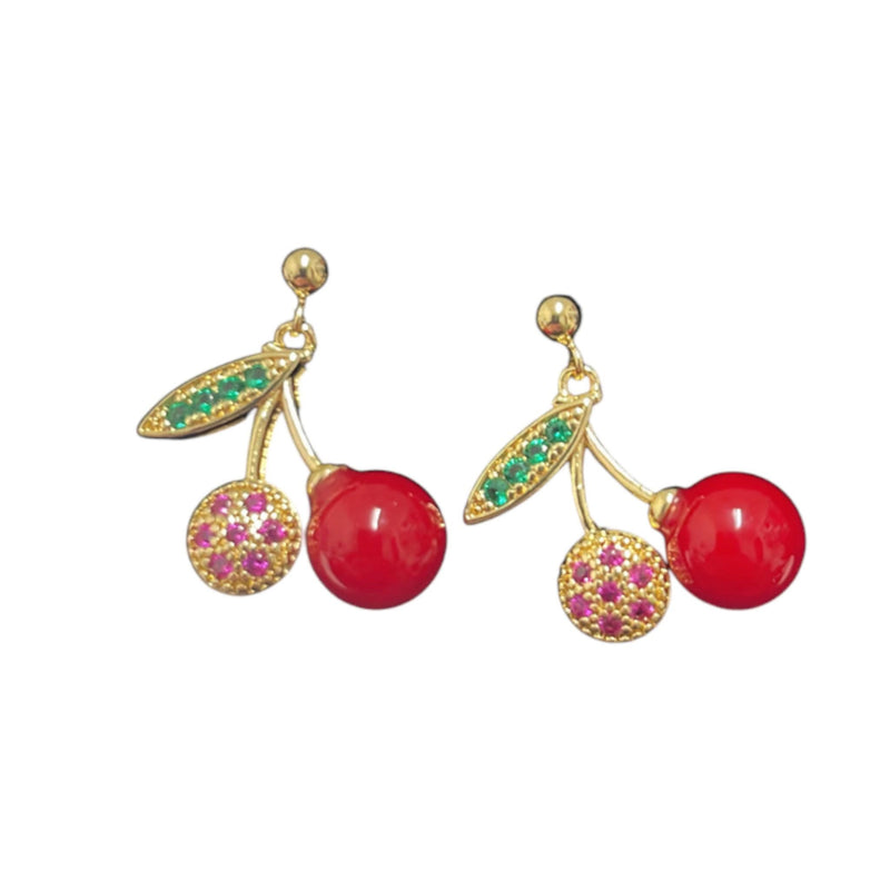 Gold Plated Cherry Necklace & Earrings Set, Red Cherry Jewelry, Stainless Steel