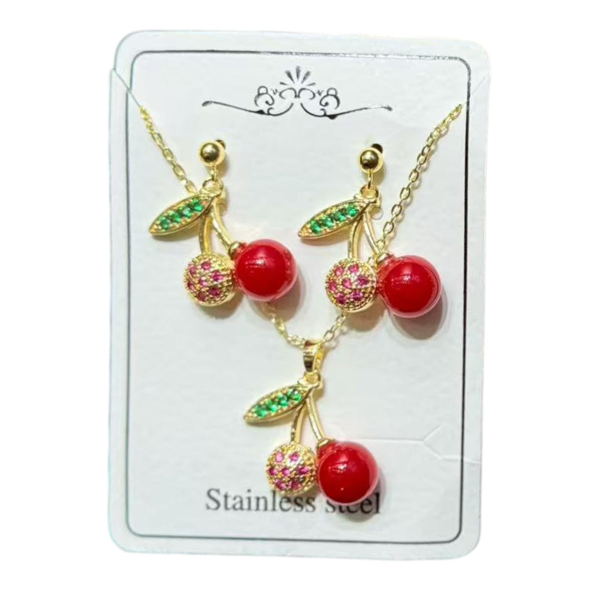 Gold Plated Cherry Necklace & Earrings Set, Red Cherry Jewelry, Stainless Steel