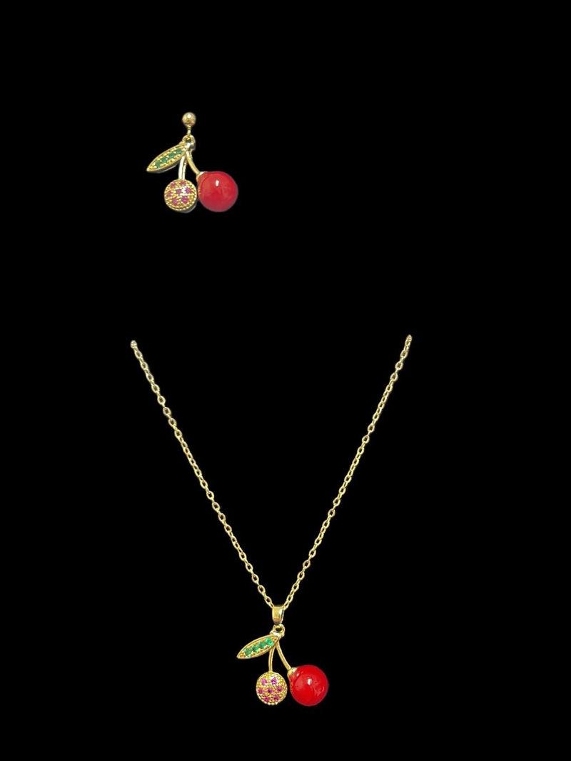 Gold Plated Cherry Necklace & Earrings Set, Red Cherry Jewelry, Stainless Steel