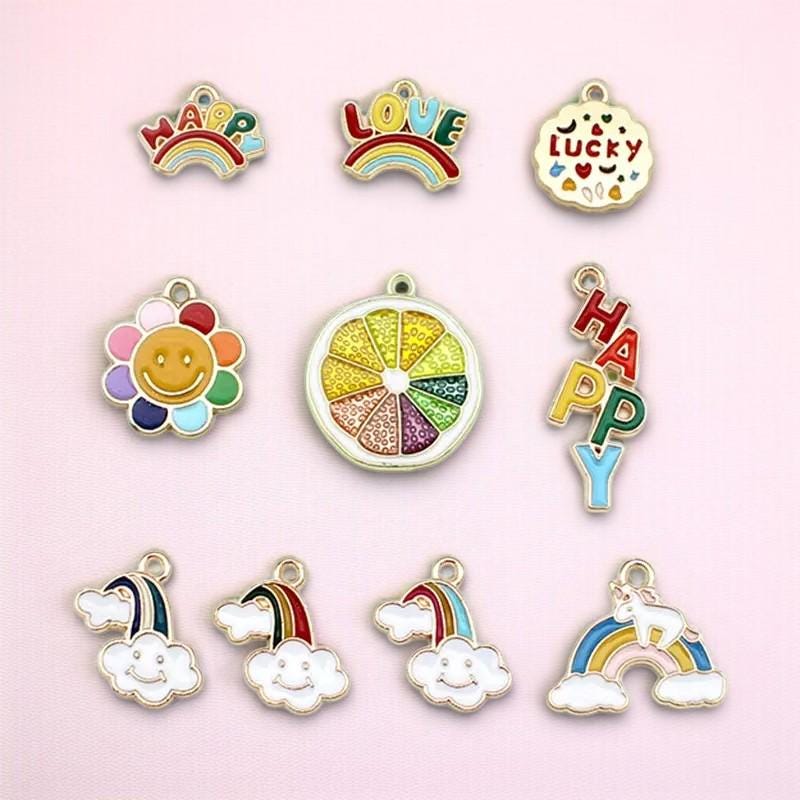 Gold Plated Rainbow Charms | Happy Love Lucky Enamel Pendants