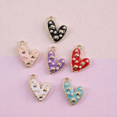 Gold Plated Enamel Heart Charm | Faux Pearl Jewelry Pendant