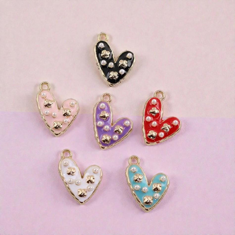 Gold Plated Enamel Heart Charm | Faux Pearl Jewelry Pendant
