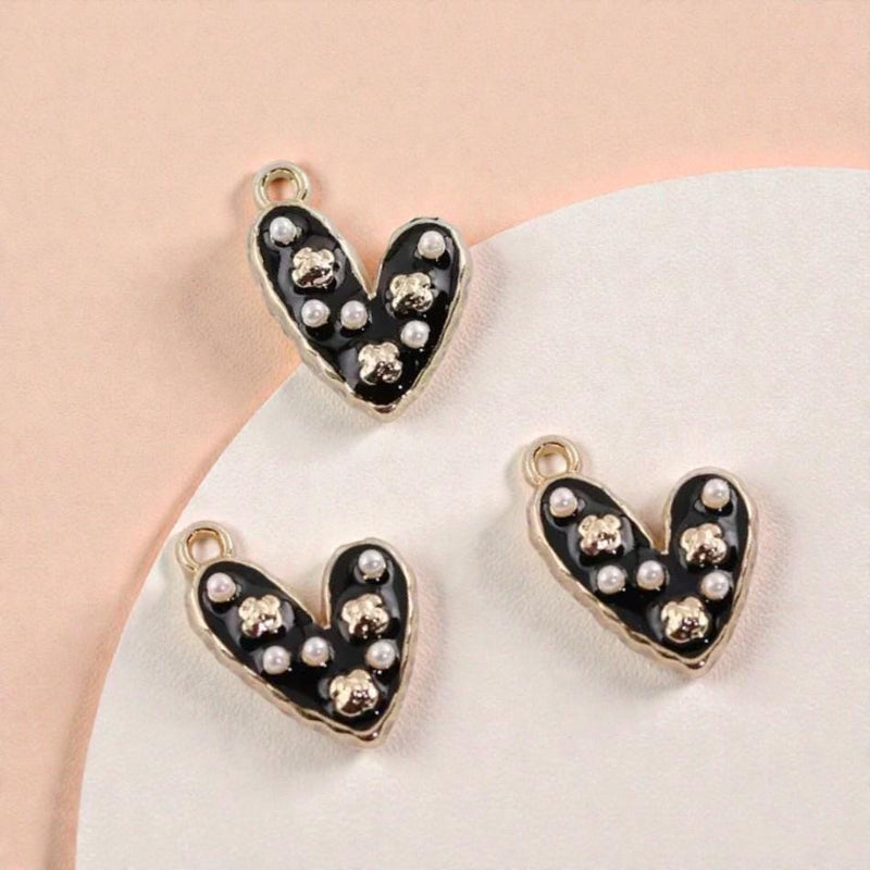 Gold Plated Enamel Heart Charm | Faux Pearl Jewelry Pendant