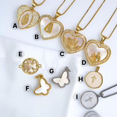 Gold Plated Mother of Pearl Charms, Heart Cross Butterfly Clover Religious Charms