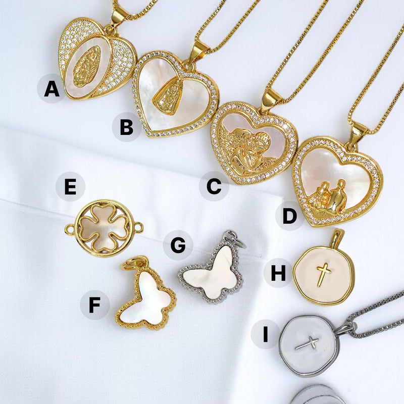 Gold Plated Mother of Pearl Charms, Heart Cross Butterfly Clover Religious Charms