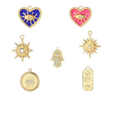 Gold Plated Evil Eye Charms, Celestial Heart Sun Star Hamsa Jewelry Charms