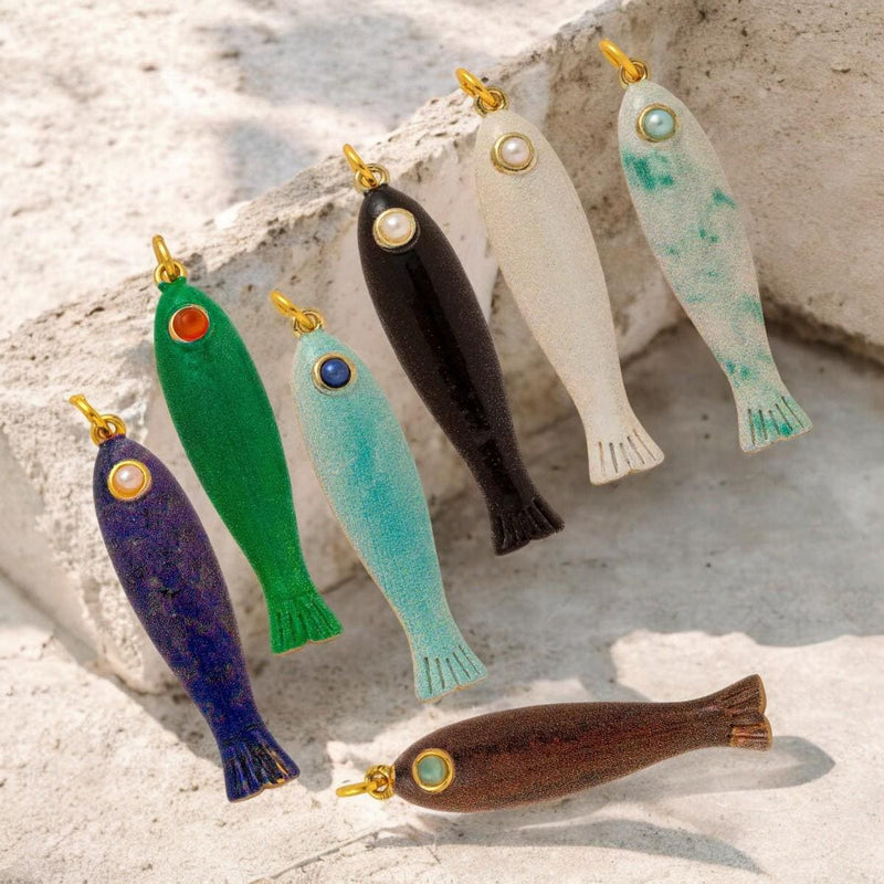 Gold Plated Enamel Fish Charm, Coastal Jewelry Pendant