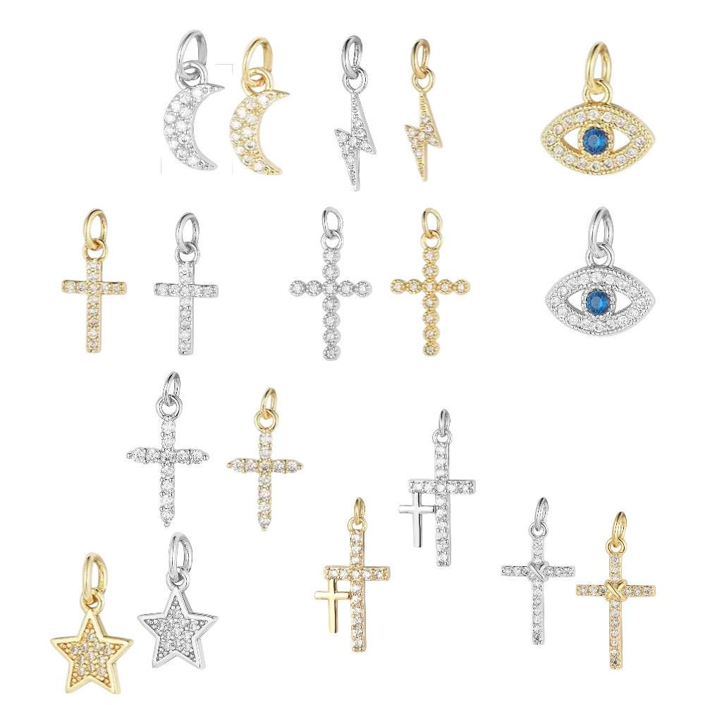 Gold Plated CZ Charms, Moon Lightning Cross Eye Star Charms, Religious Celestial Jewelry