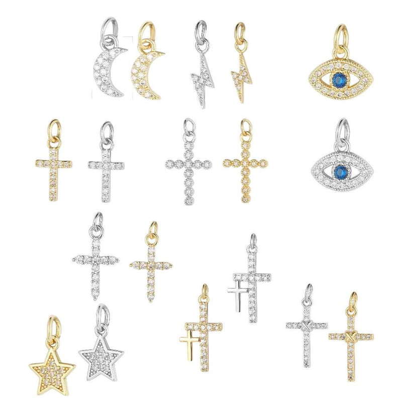 Gold Plated CZ Charms, Moon Lightning Cross Eye Star Charms, Religious Celestial Jewelry