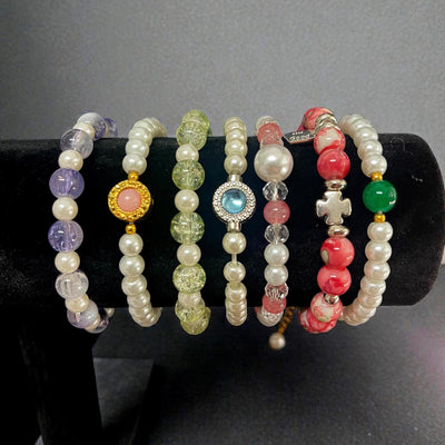 Pearl Beaded Stretch Bracelets with Gold Plated Charms, Gemstone Stackable Bracelets, Elegant Handmade Jewelry