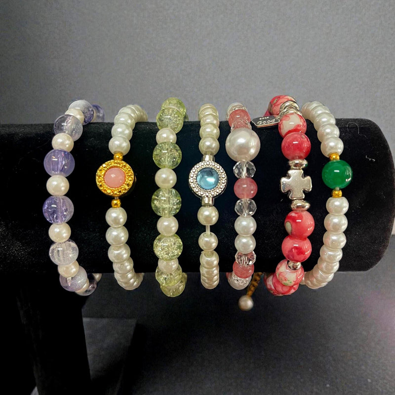 Pearl Beaded Stretch Bracelets with Gold Plated Charms, Gemstone Stackable Bracelets, Elegant Handmade Jewelry
