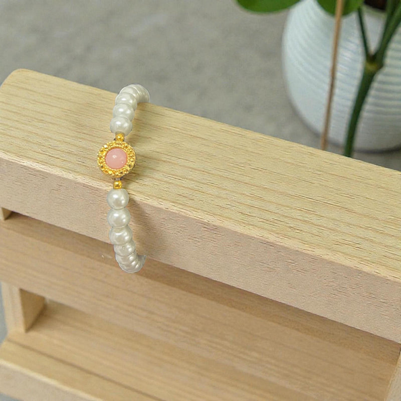 Pearl Beaded Stretch Bracelets with Gold Plated Charms, Gemstone Stackable Bracelets, Elegant Handmade Jewelry