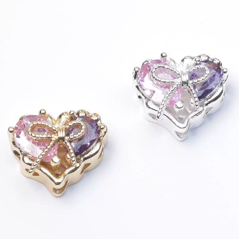 Gold Plated Heart Charm Bead | Pastel Crystal Bow Bracelet Spacer