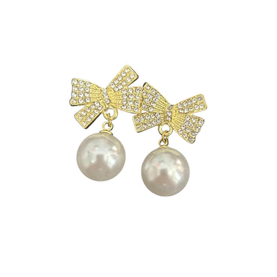 Gold Bow Pearl Drop Earrings | Rhinestone Studs
