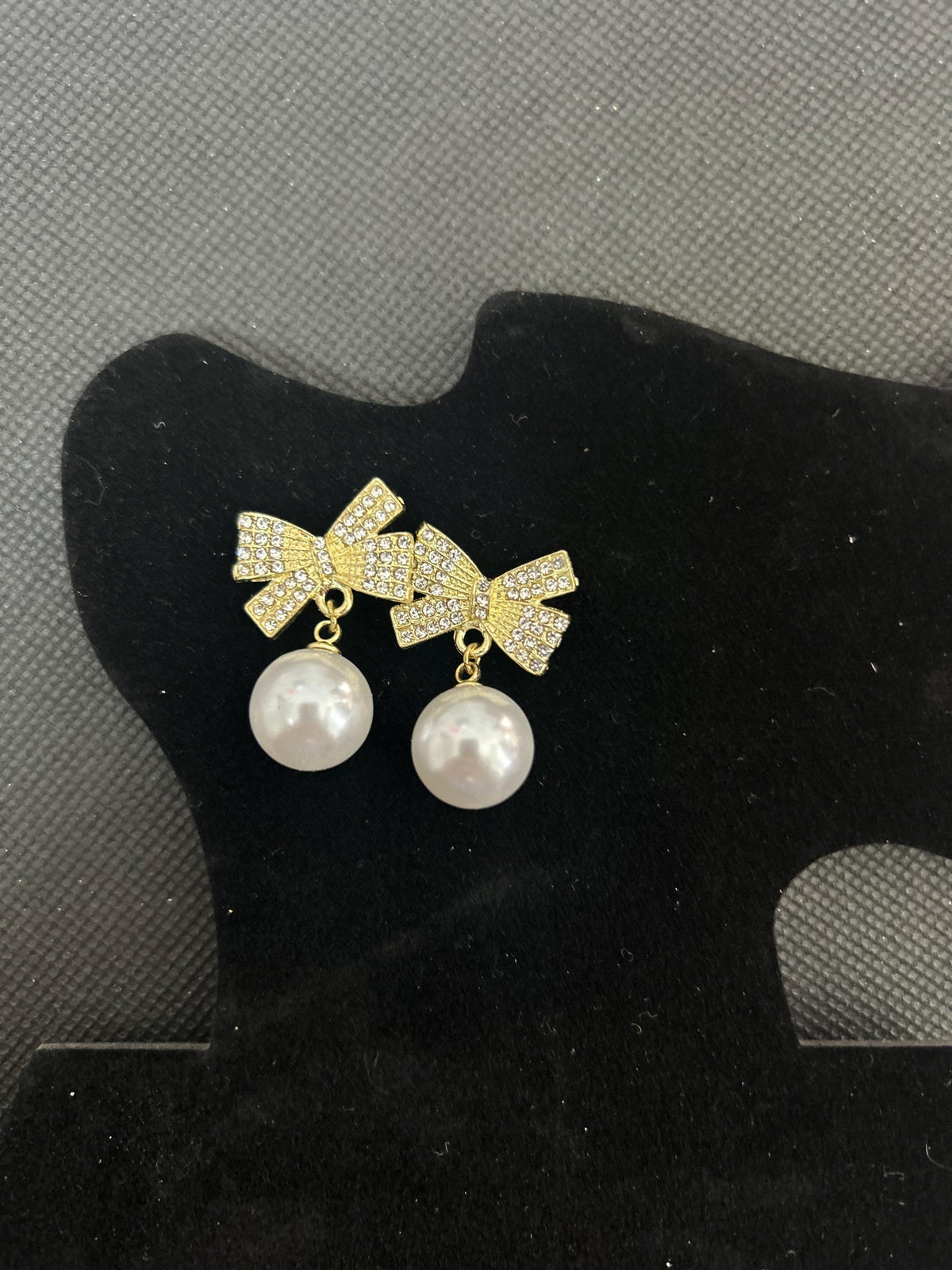 Gold Bow Pearl Drop Earrings | Rhinestone Studs