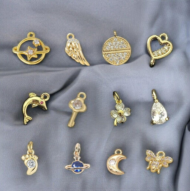 Gold Plated CZ Mini Charms Mix, Celestial Heart Flower Dolphin Footprint
