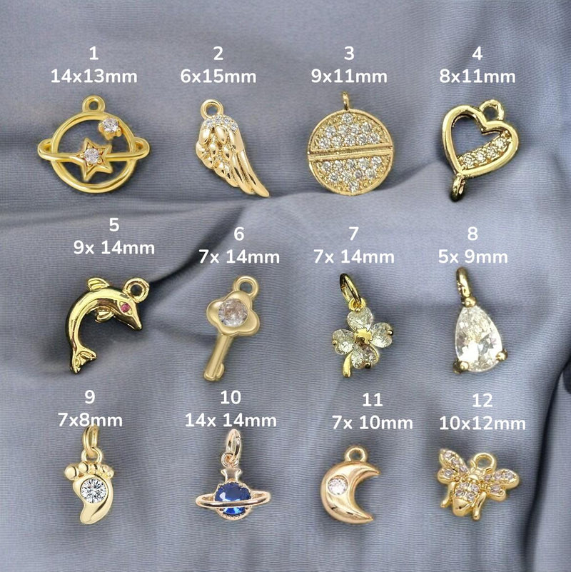 Gold Plated CZ Mini Charms Mix, Celestial Heart Flower Dolphin Footprint