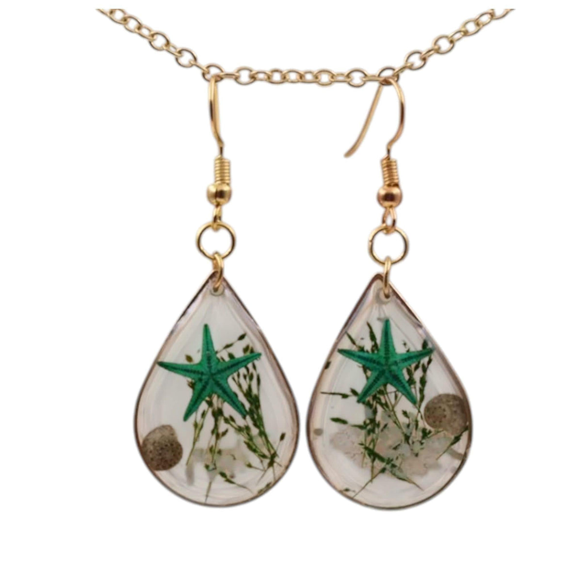 Starfish Resin Drop Earrings | Teardrop Ocean Earrings with Gold Hooks