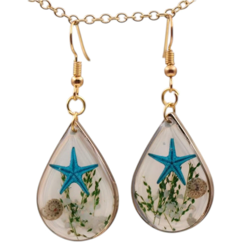 Starfish Resin Drop Earrings | Teardrop Ocean Earrings with Gold Hooks