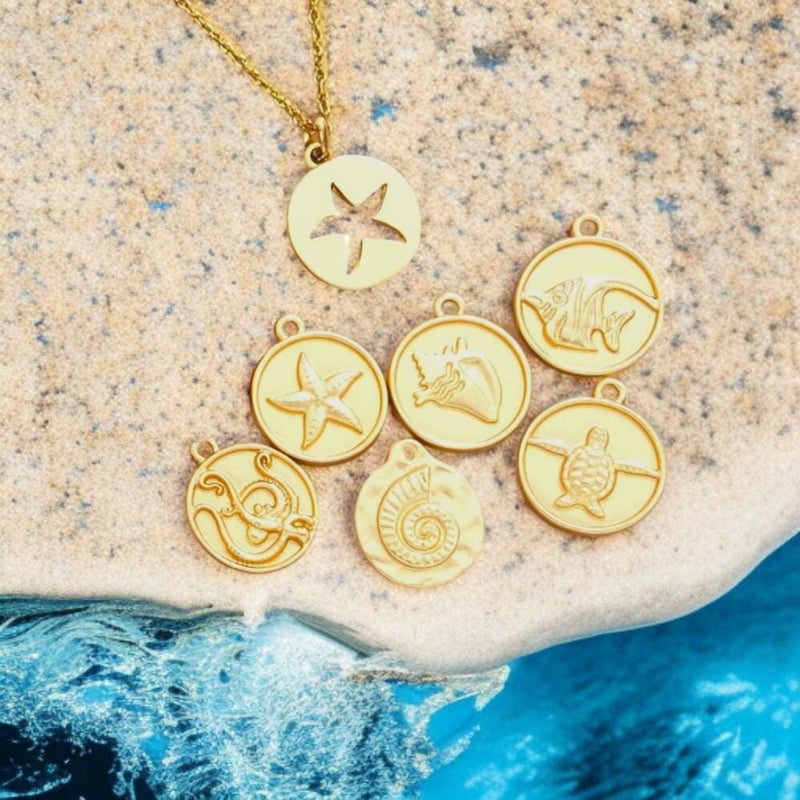 Gold Plated Ocean Charms, Sea Life Coin,