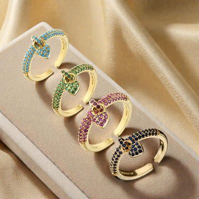 Gold Plated Crystal Heart Ring  Adjustable Pavé Band
