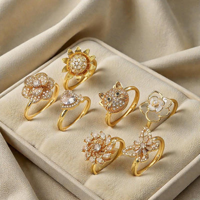 Gold Plated Spinner Rings  Crystal Floral, Heart & Cat Spin Rings