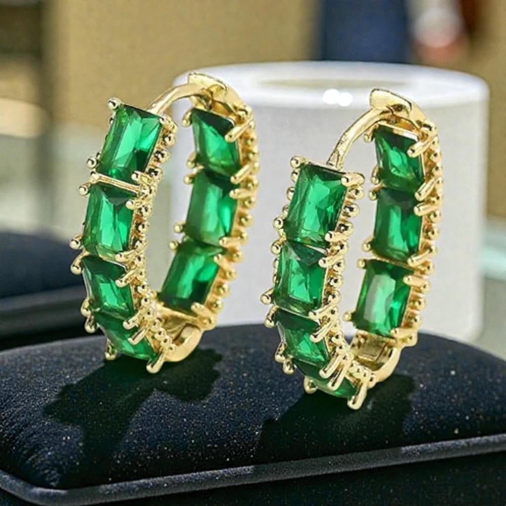 Gold Plated Gemstone Hoop Earrings  Emerald Green, Ruby Red & Sapphire Blue Crystal Huggies