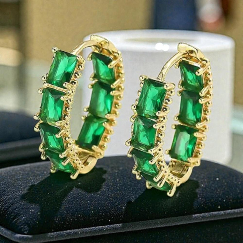 Gold Plated Gemstone Hoop Earrings  Emerald Green, Ruby Red & Sapphire Blue Crystal Huggies