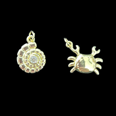 Gold Crab & Spiral Shell Charm Set, Ocean Jewelry Pendant