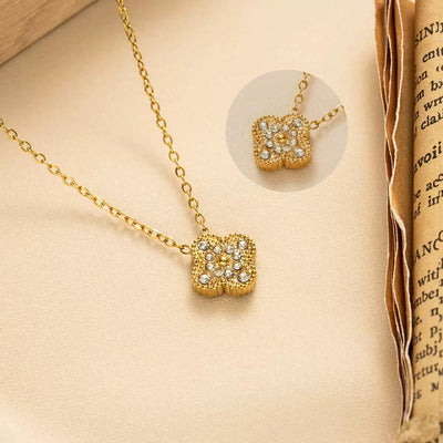 Gold Clover Necklace  Crystal Four-Leaf Charm Pendant.