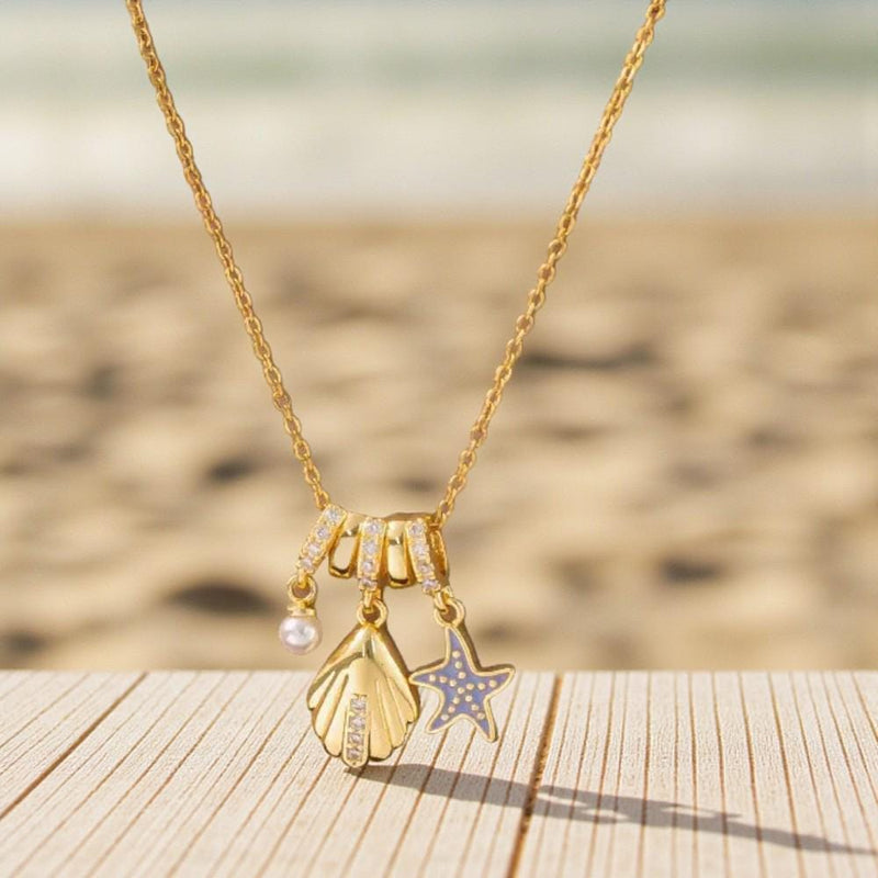Gold Plated Seashell & Starfish Charm Necklace | Stainless Steel Coastal Pendant with Pearl