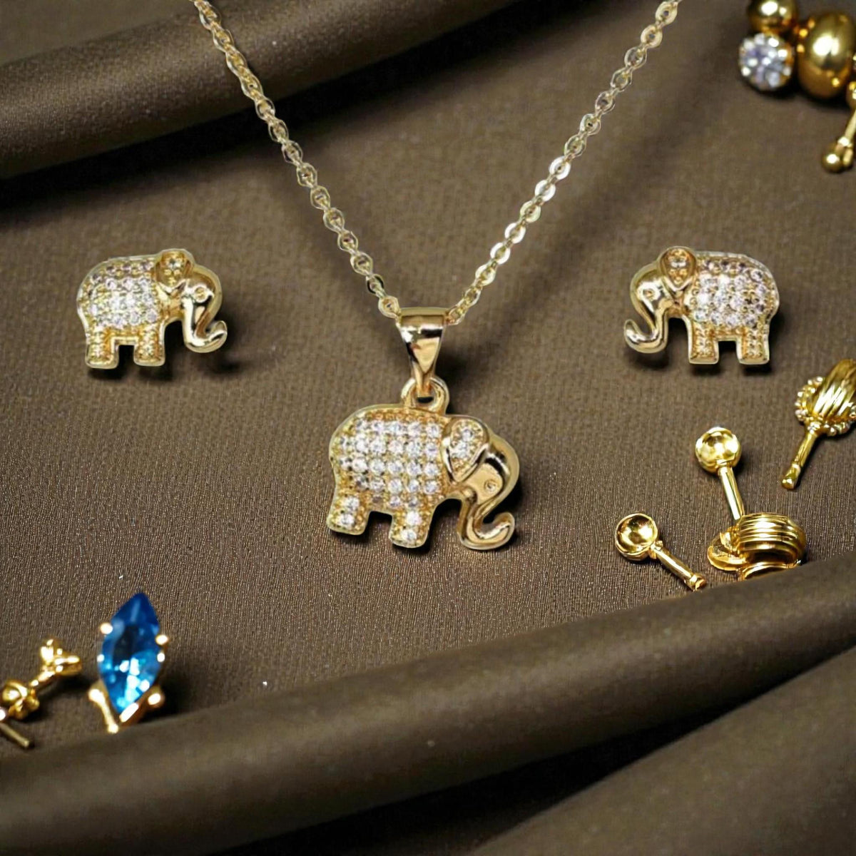 Gold-plated elephant necklace and matching stud earrings set