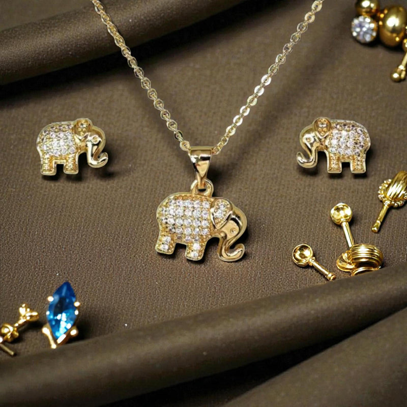 Gold-plated elephant necklace and matching stud earrings set
