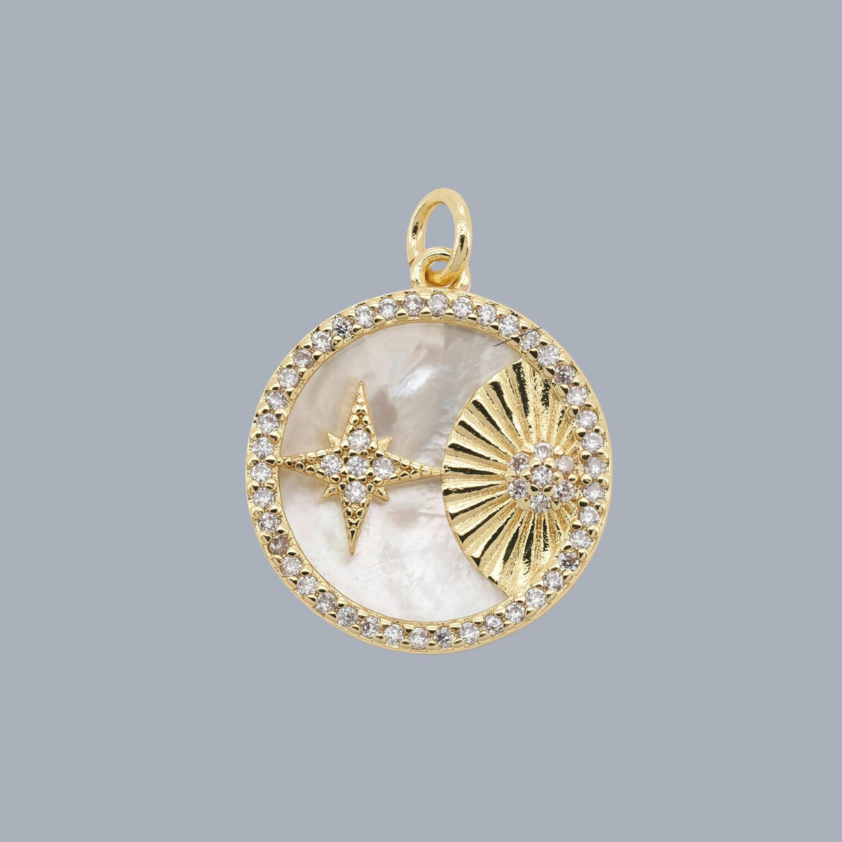 18K Gold Plated Charm, Mother of Pearl, Evil Eye, Celestial Pendant