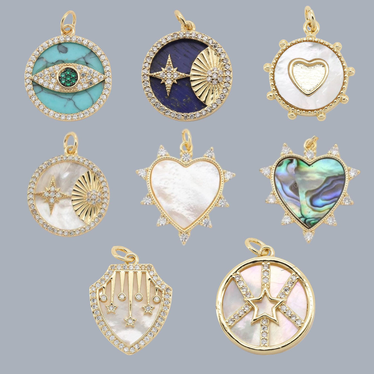 18K Gold Plated Charm, Mother of Pearl, Evil Eye, Celestial Pendant