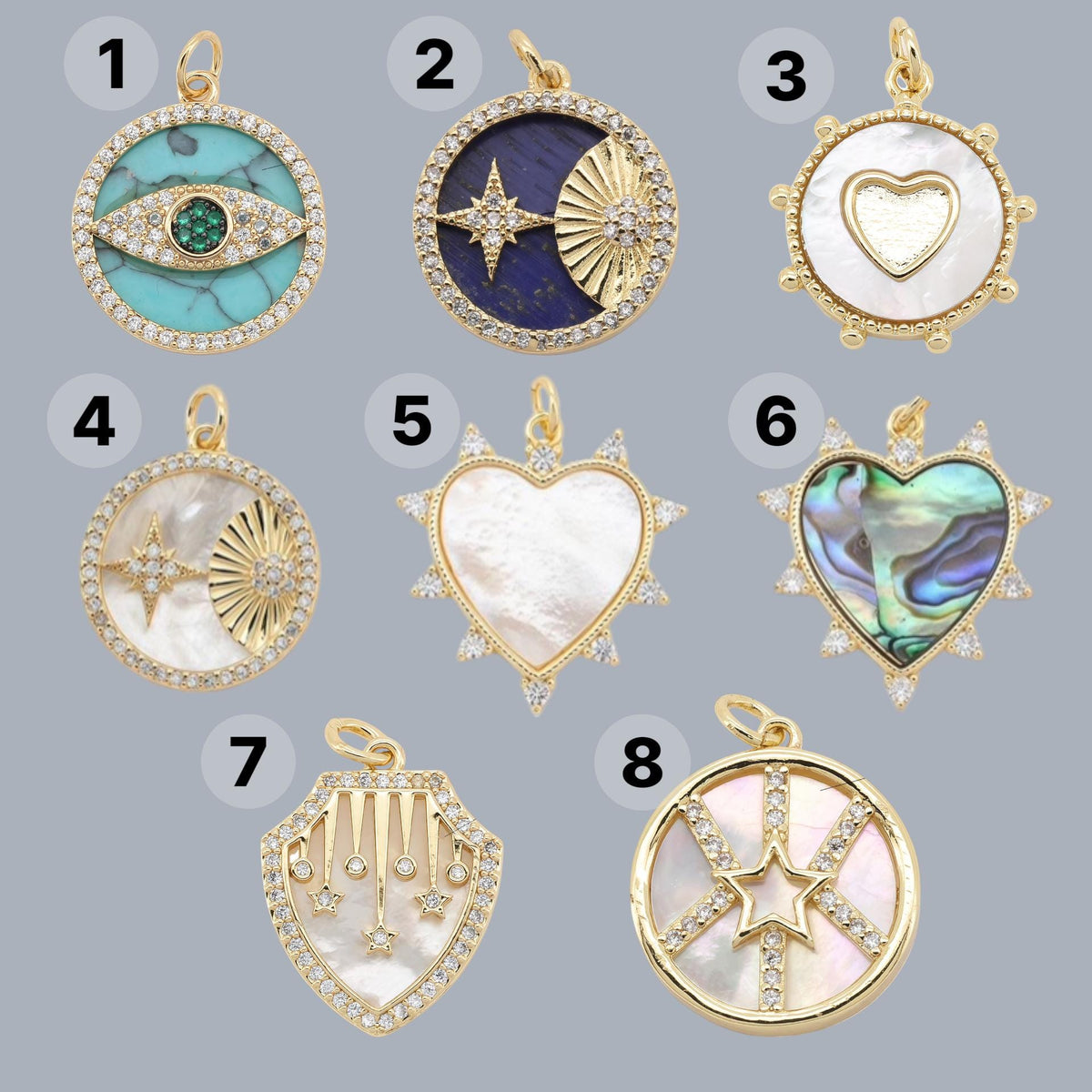 18K Gold Plated Charm, Mother of Pearl, Evil Eye, Celestial Pendant