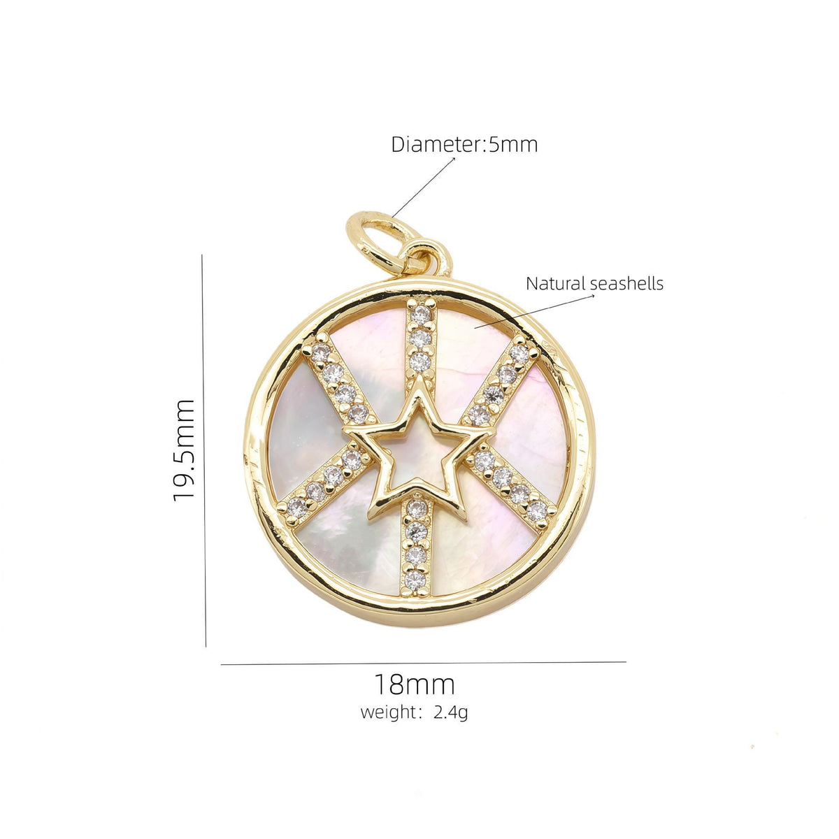 18K Gold Plated Charm, Mother of Pearl, Evil Eye, Celestial Pendant
