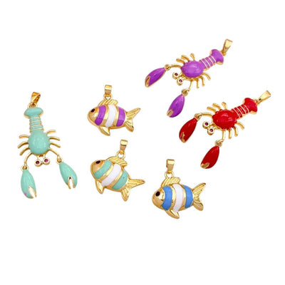 Gold Plated Enamel Sea Creature Charms, Lobster & Fish Pendants