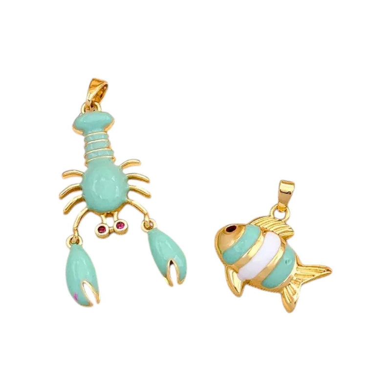Gold Plated Enamel Sea Creature Charms, Lobster & Fish Pendants