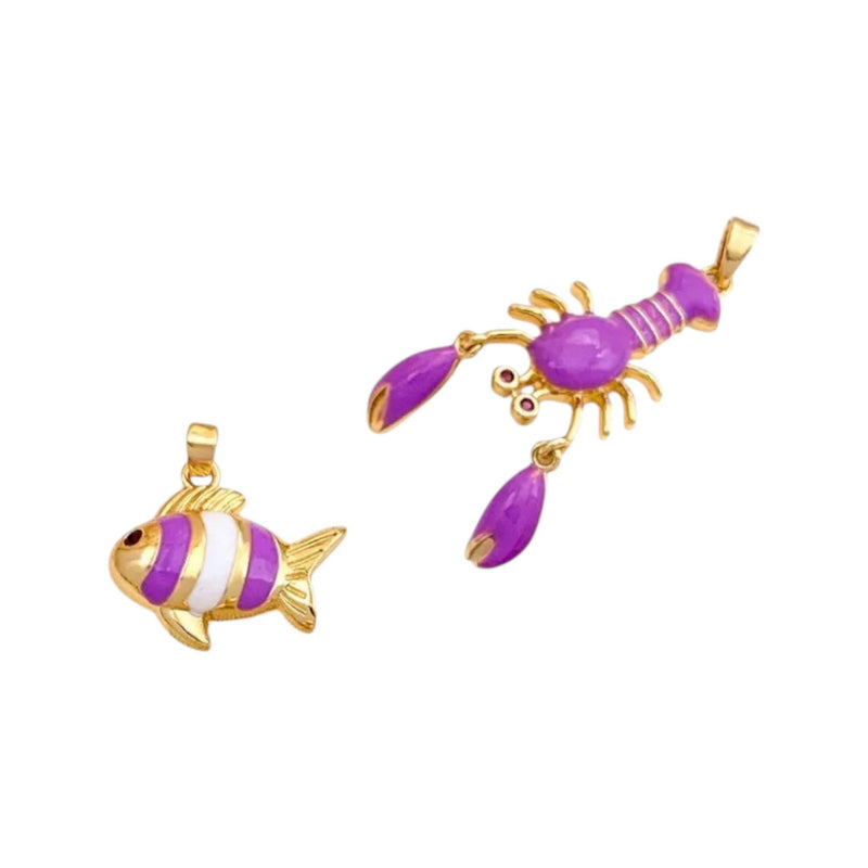 Gold Plated Enamel Sea Creature Charms, Lobster & Fish Pendants