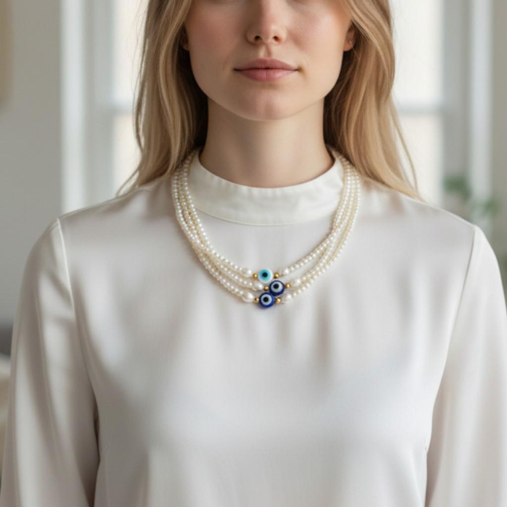 Layered Pearl Evil Eye Necklace