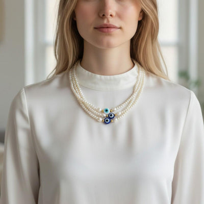 Layered Pearl Evil Eye Necklace