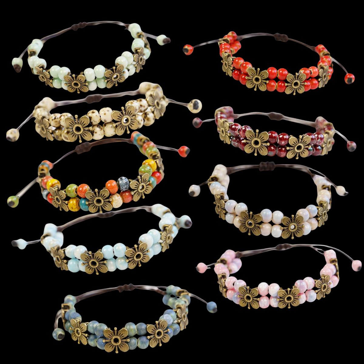 Ceramic Bead Flower Bracelets, Adjustable Boho Bracelets with Antique Gold Floral Charms