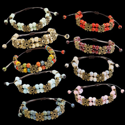 Ceramic Bead Flower Bracelets, Adjustable Boho Bracelets with Antique Gold Floral Charms