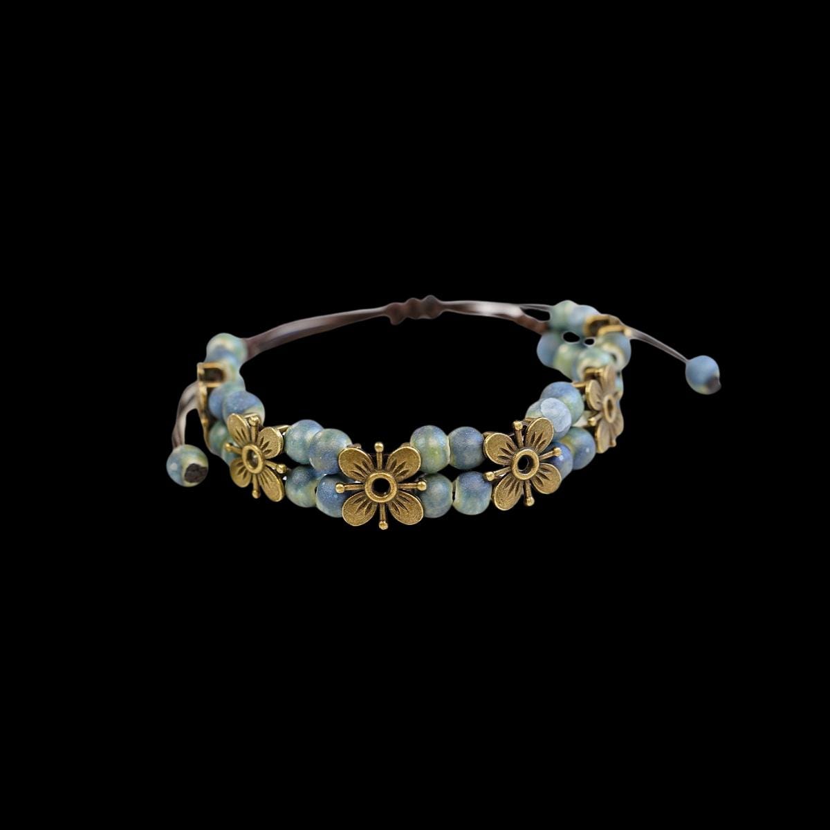Ceramic Bead Flower Bracelets, Adjustable Boho Bracelets with Antique Gold Floral Charms