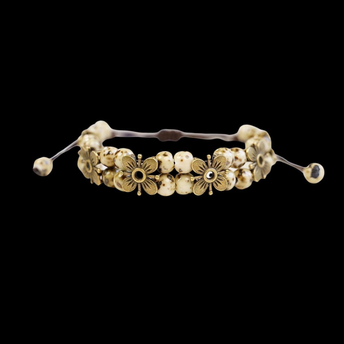 Ceramic Bead Flower Bracelets, Adjustable Boho Bracelets with Antique Gold Floral Charms